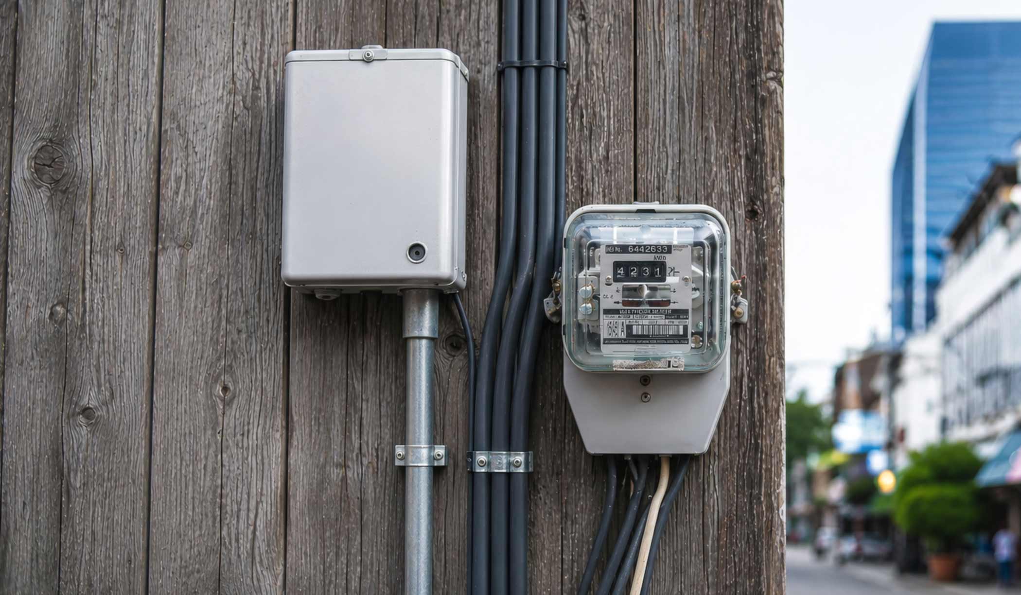An electric utility box on a weathered pole