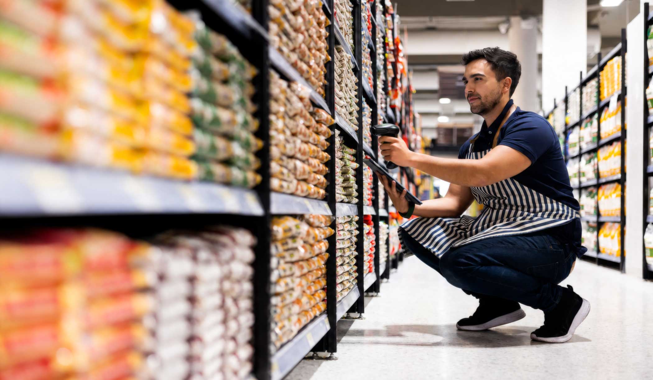 A worker at a grocery store scans inventory