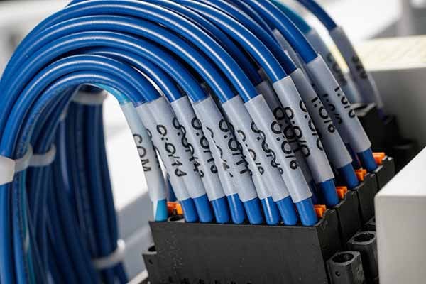 Blue cables with labels plugged in.