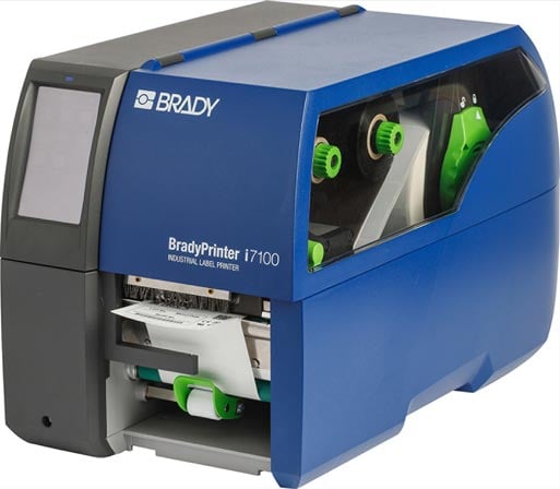 Closeup of a blue Brady i7100 printer.