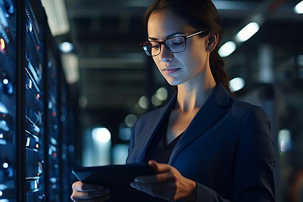 A woman working in a data center monitors equipment. 
