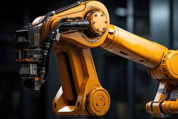 Orange robotic arm with a cable harness.