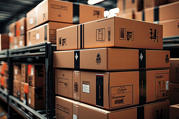 Stacked cardboard boxes in an industrial setting. 