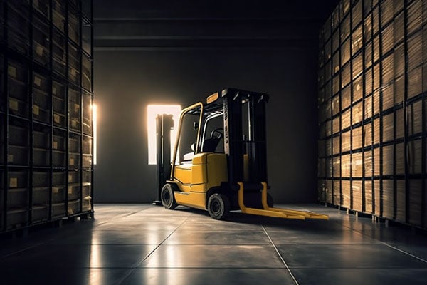Dimly lit image of a forklift in a warehouse.