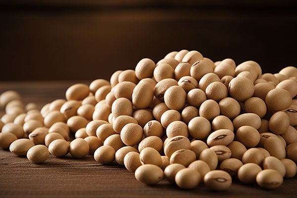 Closeup of a pile of soybeans.