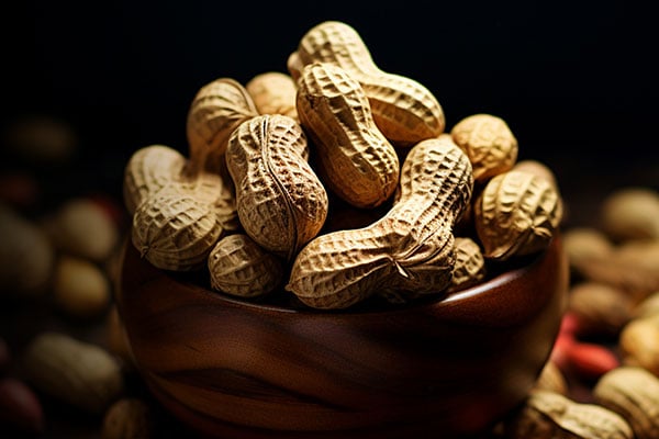 Closeup of a bowl of unshelled peanuts. 