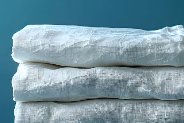 Closeup of white linens folded and stacked.