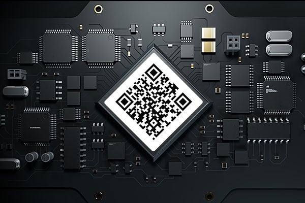 Closeup of a circuit board with a Brady QR label.