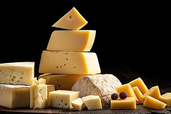 Glossy image of various cheese blocks piled together. 
