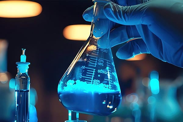 Gloved hand holding beaker with blue liquid bubbling inside. 