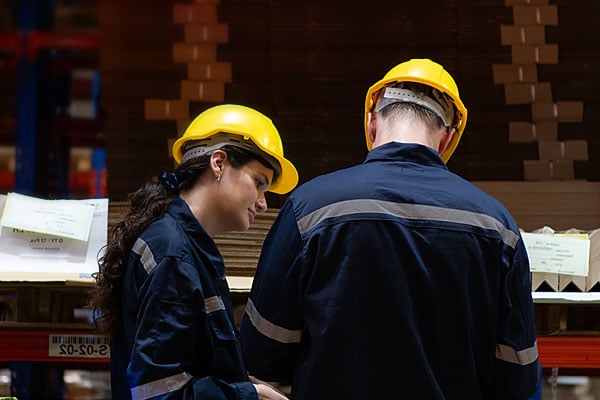 Two employees in yellow hardhats work in a factory or warehouse.