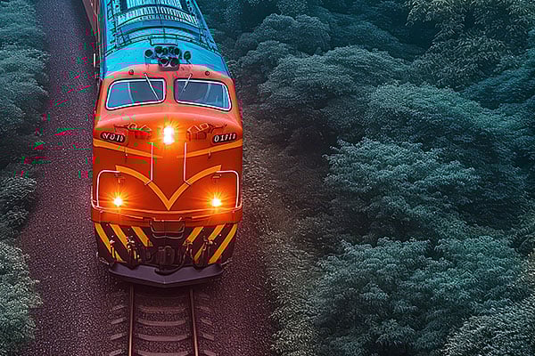 Approaching train in a forest at dusk.