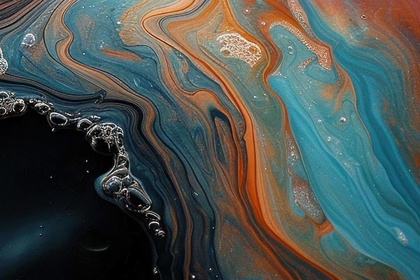 A closeup of blue and orange oil mixing with water. 