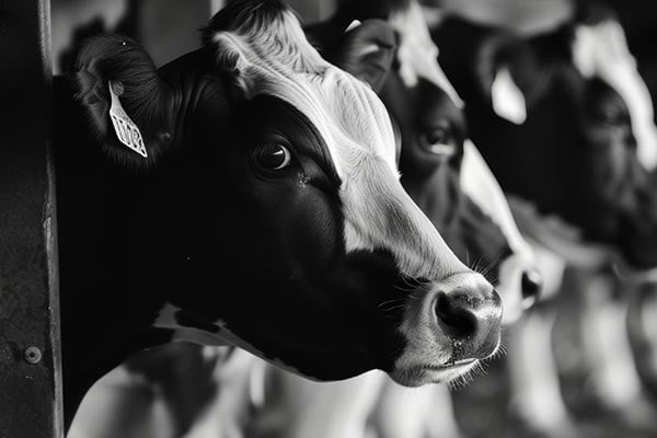 Black and white photo of dairy cows in stalls.