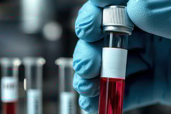 Gloved hand holding sample vial with red liquid. 