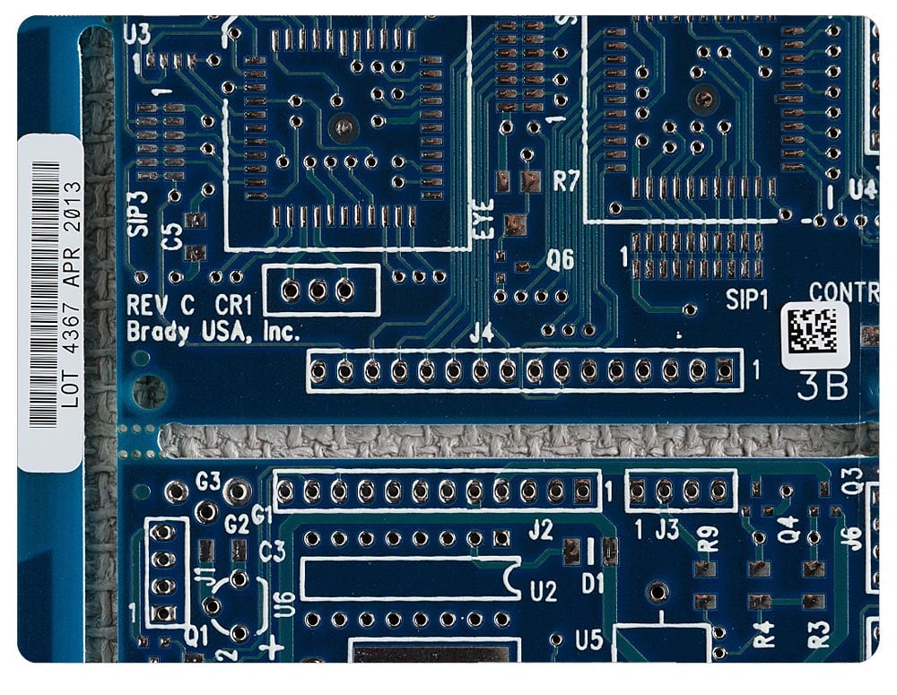 Closeup of a circuit board with Brady RFID label.