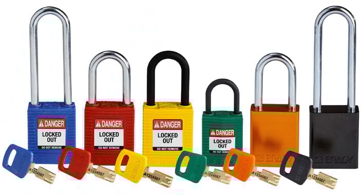 Blue, red, yellow, green, orange, and black LOTO padlocks with matching keys.