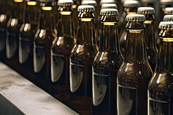 Rows of bottles in a bottling plant. 