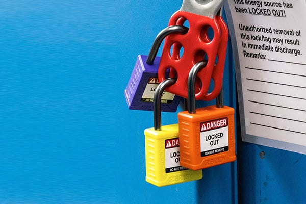 A closeup of colorful Brady LOTO locks. 