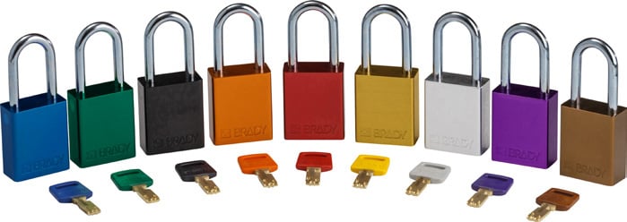 A collection of colored padlocks and matching colored keys.