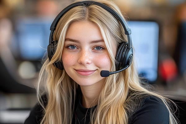 A woman in a call center with a headset on.
