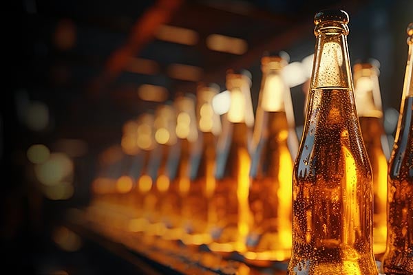 Rows of beverage bottles at a bottling plant holding gold liquid. 