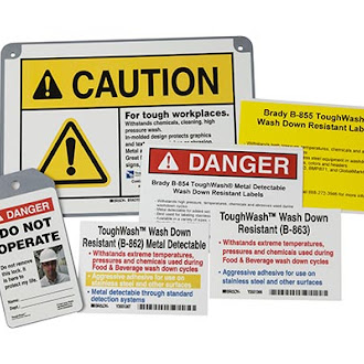 A collection of safety labels, signs and tags.