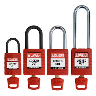 Four red nylon LOTO padlocks with matching keys.