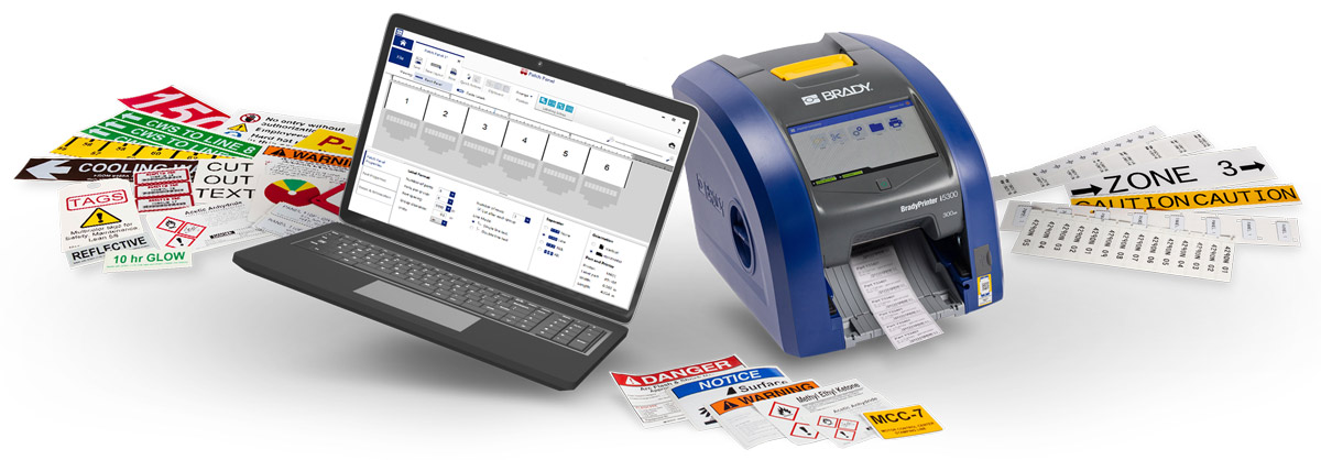 a laptop and printer surrounded by labels