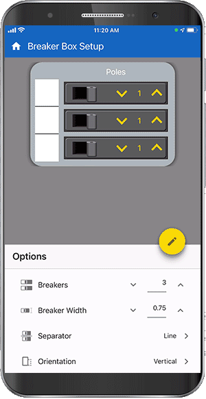 Animated gif showing the creation of a breaker box label with 6 poles using the app.