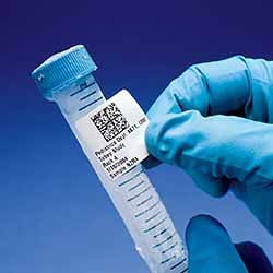 Gloved hands applying a printed Brady barcode label to a laboratory test tube.