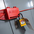 Brady cable lockout device with locks and tags.