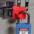 Brady circuit breaker lockout with blue Velocity padlock.