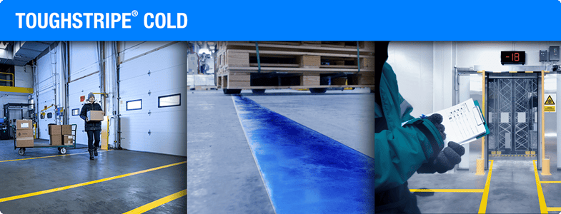 Toughstripe Cold tape on the floor of various areas in a warehouse.