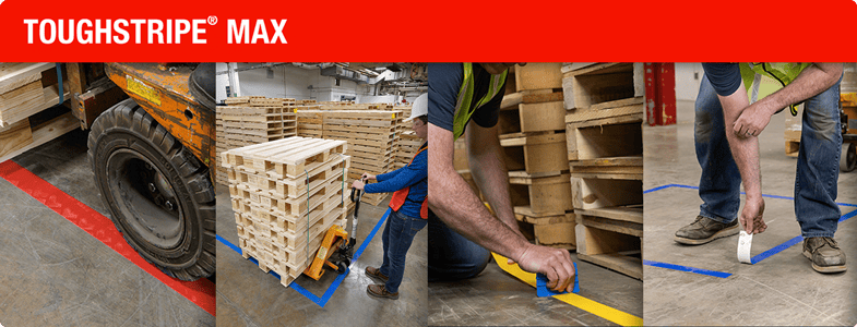 Toughstripe Max tape on the floor of various areas in a warehouse.