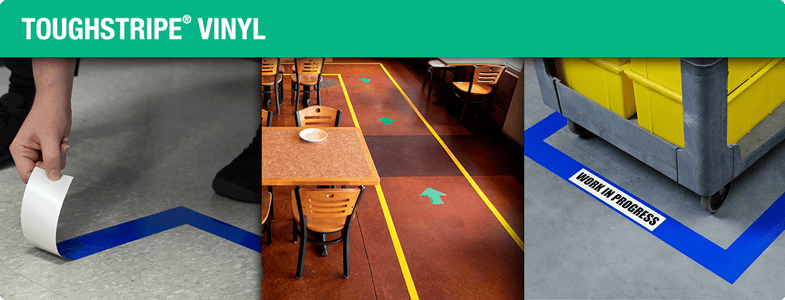 Toughstripe Vinyl Tape on the floor of various areas in a warehouse.