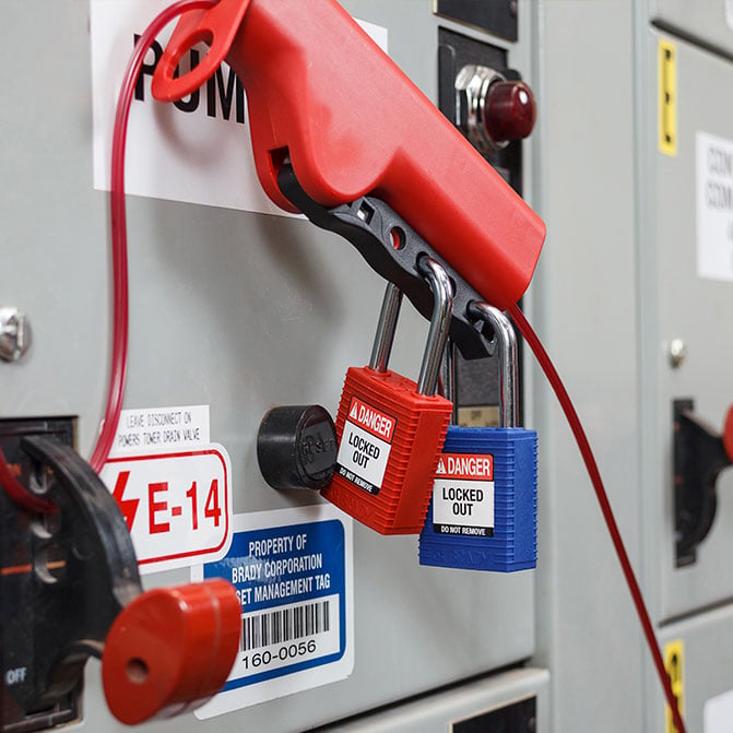 a loto device with 2 padlocks that protects an electrical panel