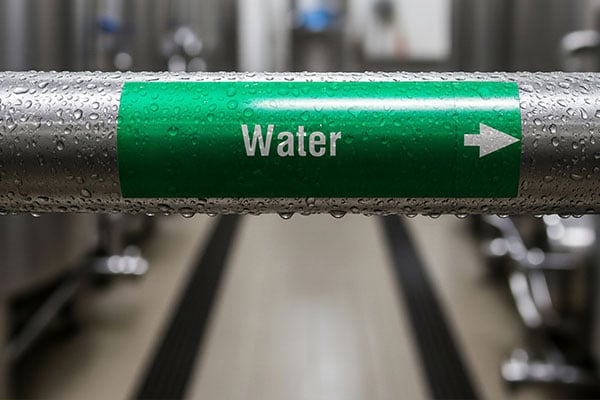 A "Water pipe marker on an industrial pipe