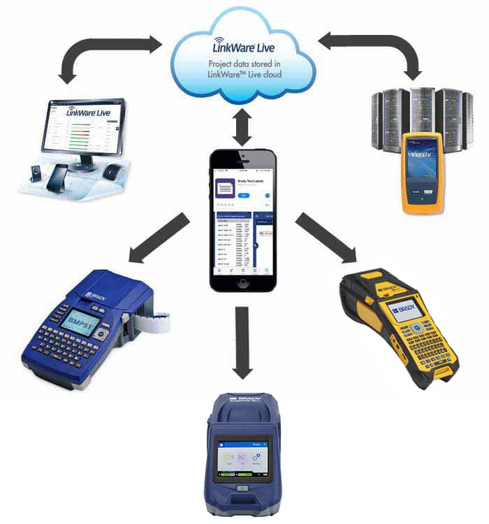 Diagram showing that the Express Labels App connects to the LinkWare Live Cloud and Versiv and bradyprinters