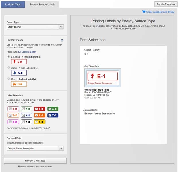 screenshot of Printing labels by energy type