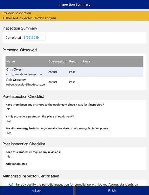 screenshot of inspection summary