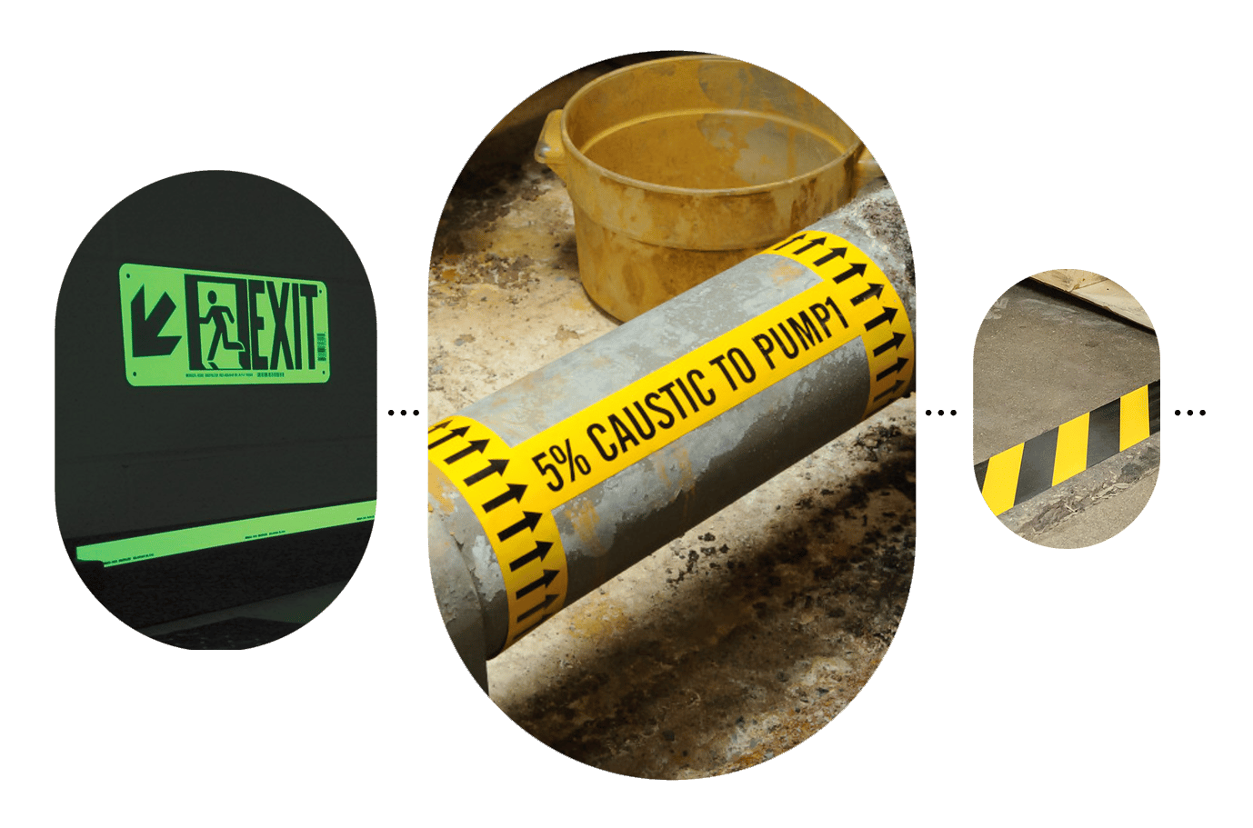 three applications of a Brady safety labels including glow in the dark