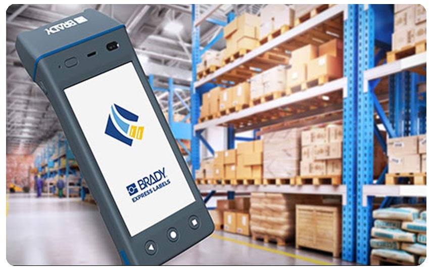 Composite of a Brady barcode scanner juxtaposed with warehouse shelving.