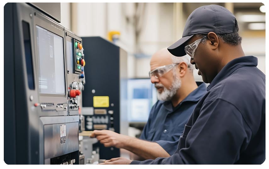 Two men in a warehouse setting work on a control panel. 
