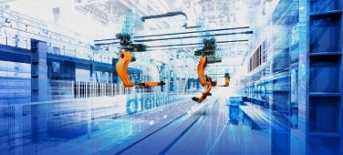 Artistic image of automated factory with robotics, digital information, and high-speed processes.