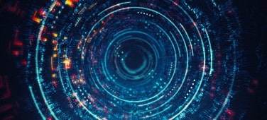 Circular, stylized representation of data flow, technology, or a digital process.