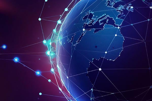 Futuristic Earth with intersecting lines and dots to show data flow/interconnection.
