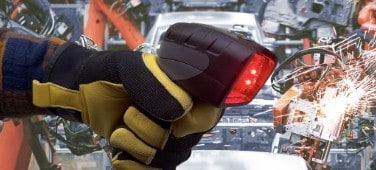 Brady 2D barcode scanner scanning in an industrial/manufacturing environment.