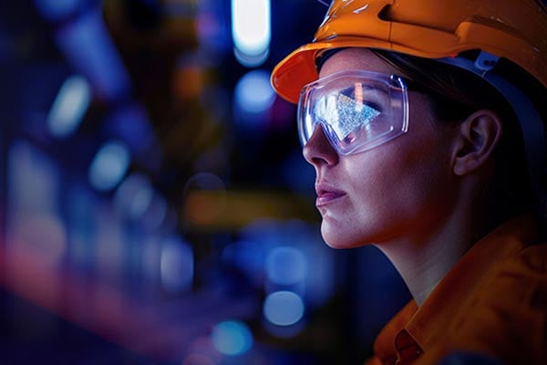 Stylized image of a woman wearing safety goggles in a manufacturing environment.