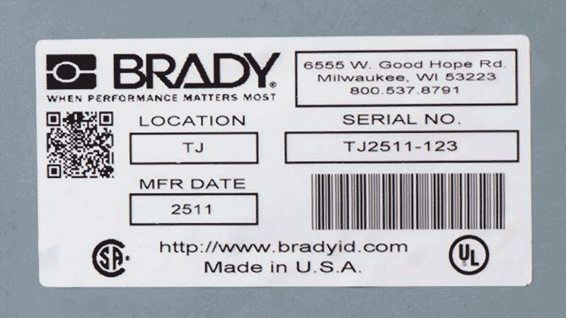 Brady label with a 1D barcode and a 2D QR code.